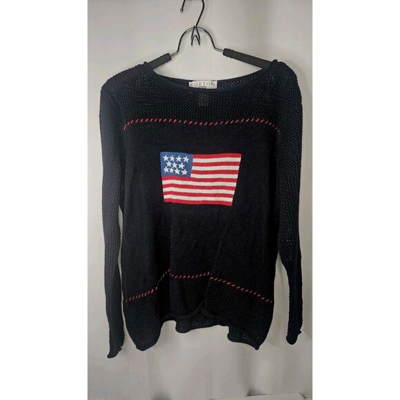Norton Studio American Flag Chunky Knit Sweater Navy Womens Plus Size 3XL USA - Picture 1 of 7